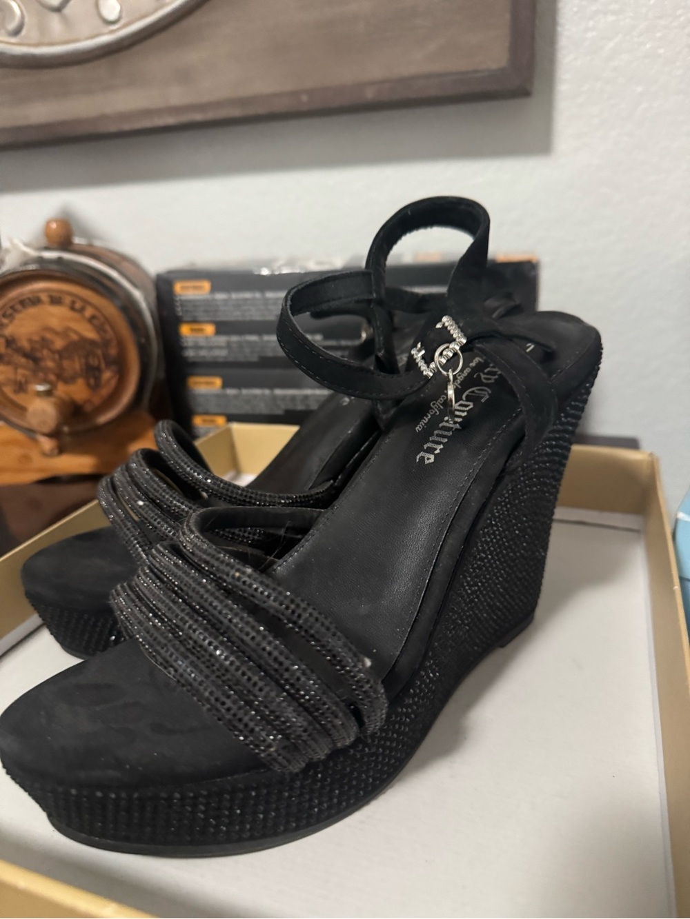 Juicy Couture Black Rhinestone Strap Wedge Sandals